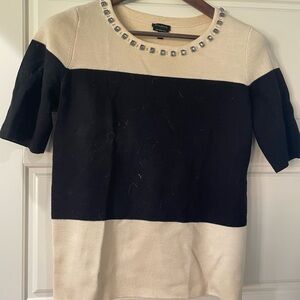 Talbots Black and Cream Short Sleeve Top with Embellished Neckline